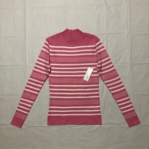 NWT Madison Grey Women’s Long Sleeve Mock Neck Pink & White Striped Sweater S